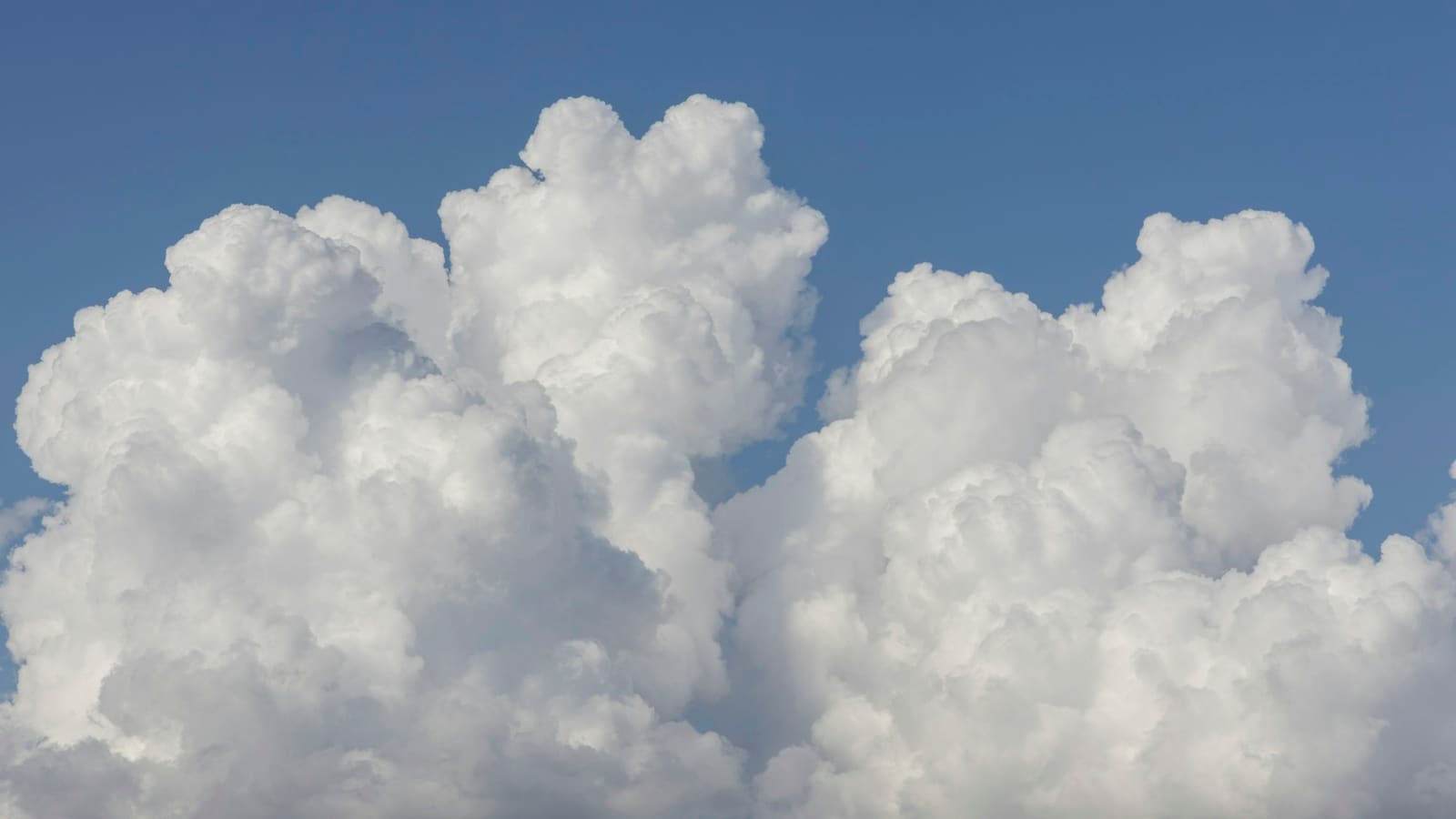 Large white cumulus clouds rising against a soft slate blue sky