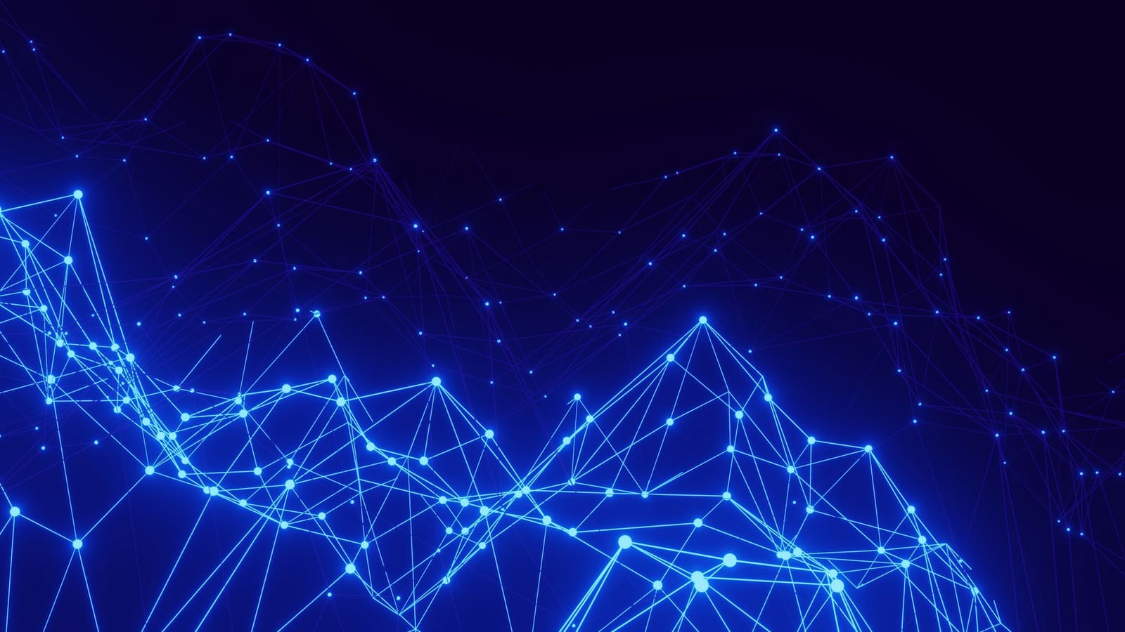 Glowing blue network of connected lines and dots on a dark background
